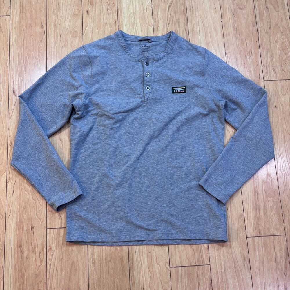 LL Bean Henley Long Sleeve Shirt Gray Logo Pullover Men Sz M Reg Slightly Fitted
